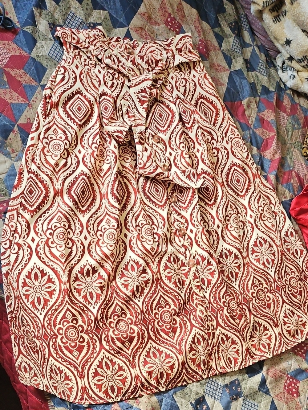 Red and Cream Printed Wrap Skirt
